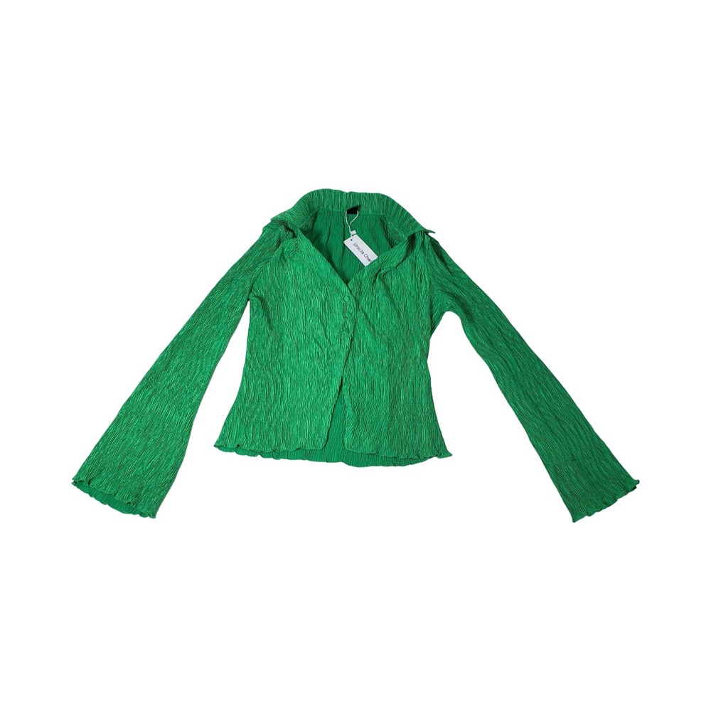 Urocza Chwila Green Plisse Crinkle Button Down Long Bell Sleeve Top XS US 2 NEW